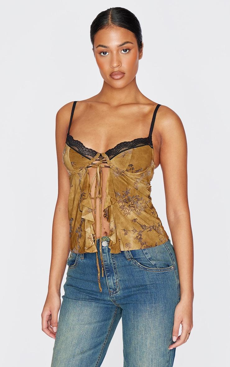 Tall Green Devore Lace Trim Strappy Long Top Product Image