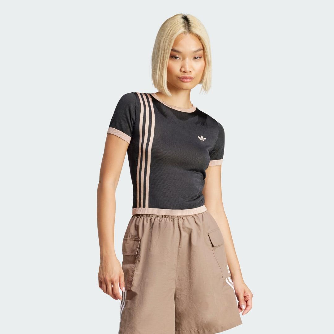 adidas Knitted 3-Stripes Short Tee Black XS Womens Product Image