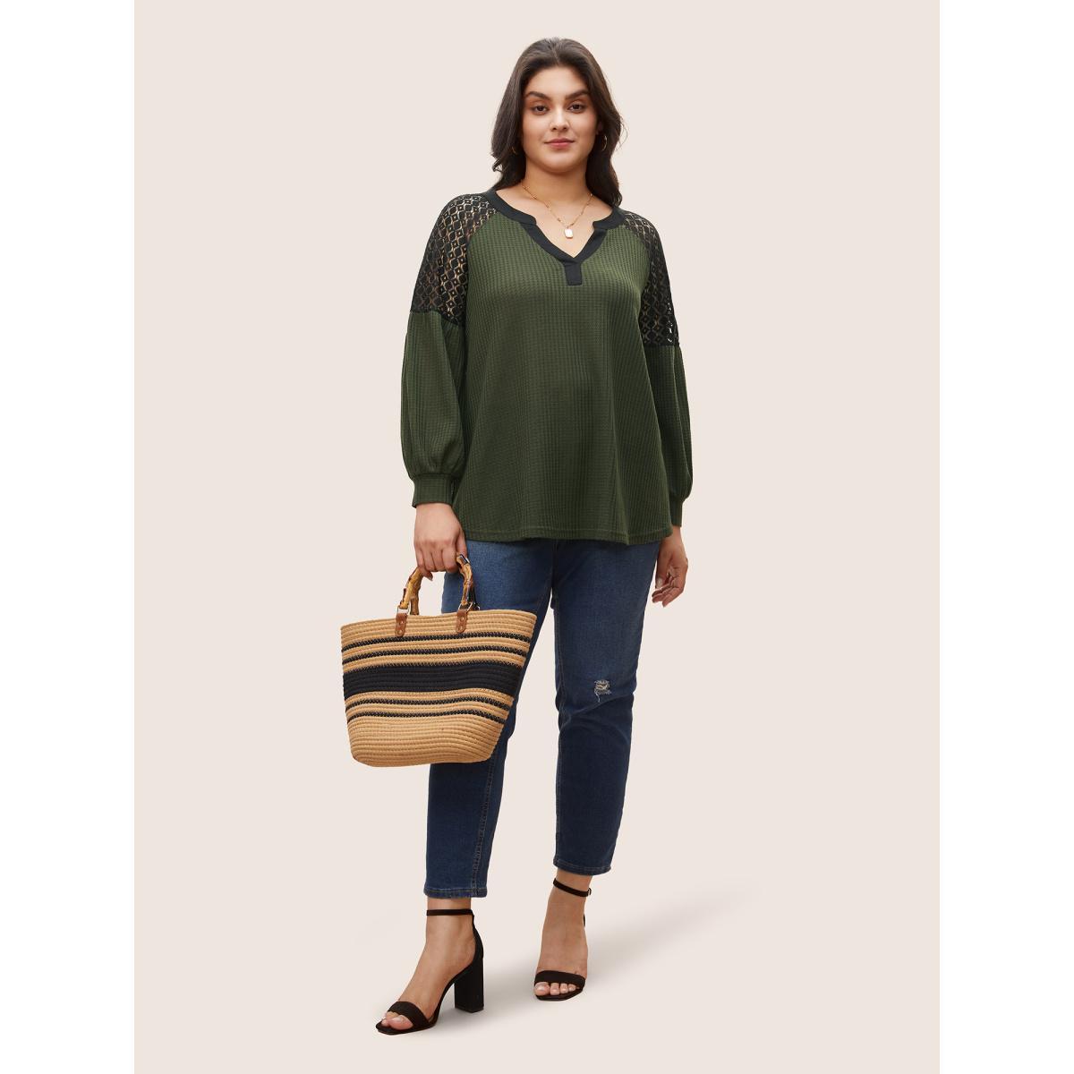 Plus Size Lace Patchwork Waffle Knit Contrast Notched T-shirt Green Women Elegant Contrast Plain Notched collar Everyday T-shirts BloomChic 10/M Product Image