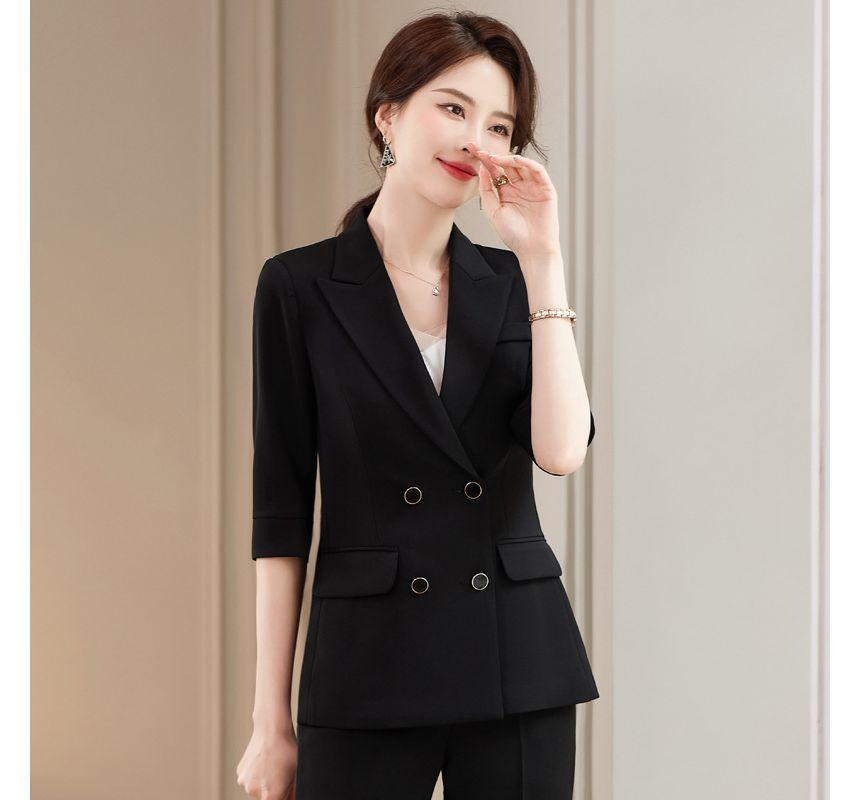 Elbow-Sleeve Peak Lapel Plain Double Breasted Blazer / High Rise Mini Pencil Skirt / High Rise Straight Leg Suit Pants / Set Product Image