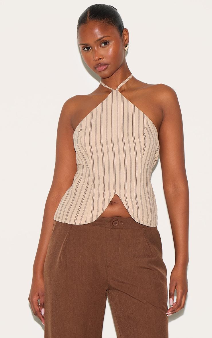 Beige Striped Halterneck Long Top Product Image