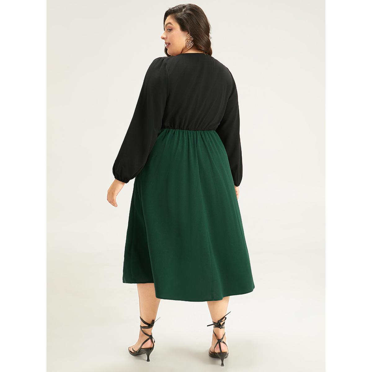 Plus Size Colorblock Patchwork Button Detail Dress DarkGreen Women Elegant Elastic cuffs Square Neck Long Sleeve Curvy Midi Dress BloomChic 18-20/2X Product Image
