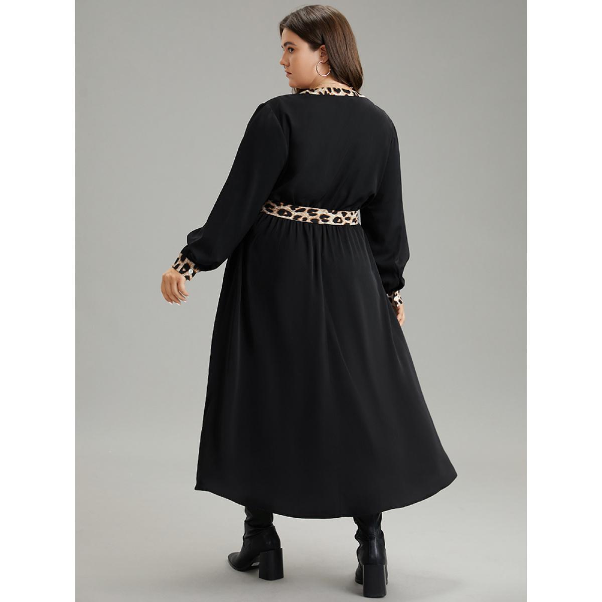 Plus Size Leopard Patchwork Pocket Belted Notched Dress Black Women Office Patchwork Notched collar Long Sleeve Curvy Midi Dress BloomChic 26/4X Product Image