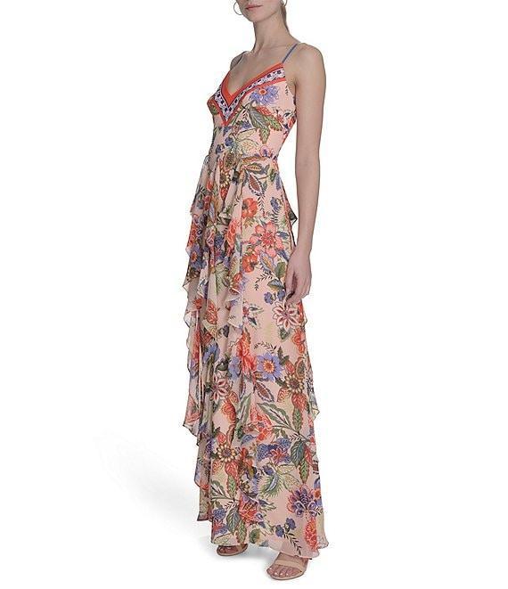 Eliza J Chiffon Floral Print V-Neck Sleeveless Ruffle Sheath Maxi Dress Product Image