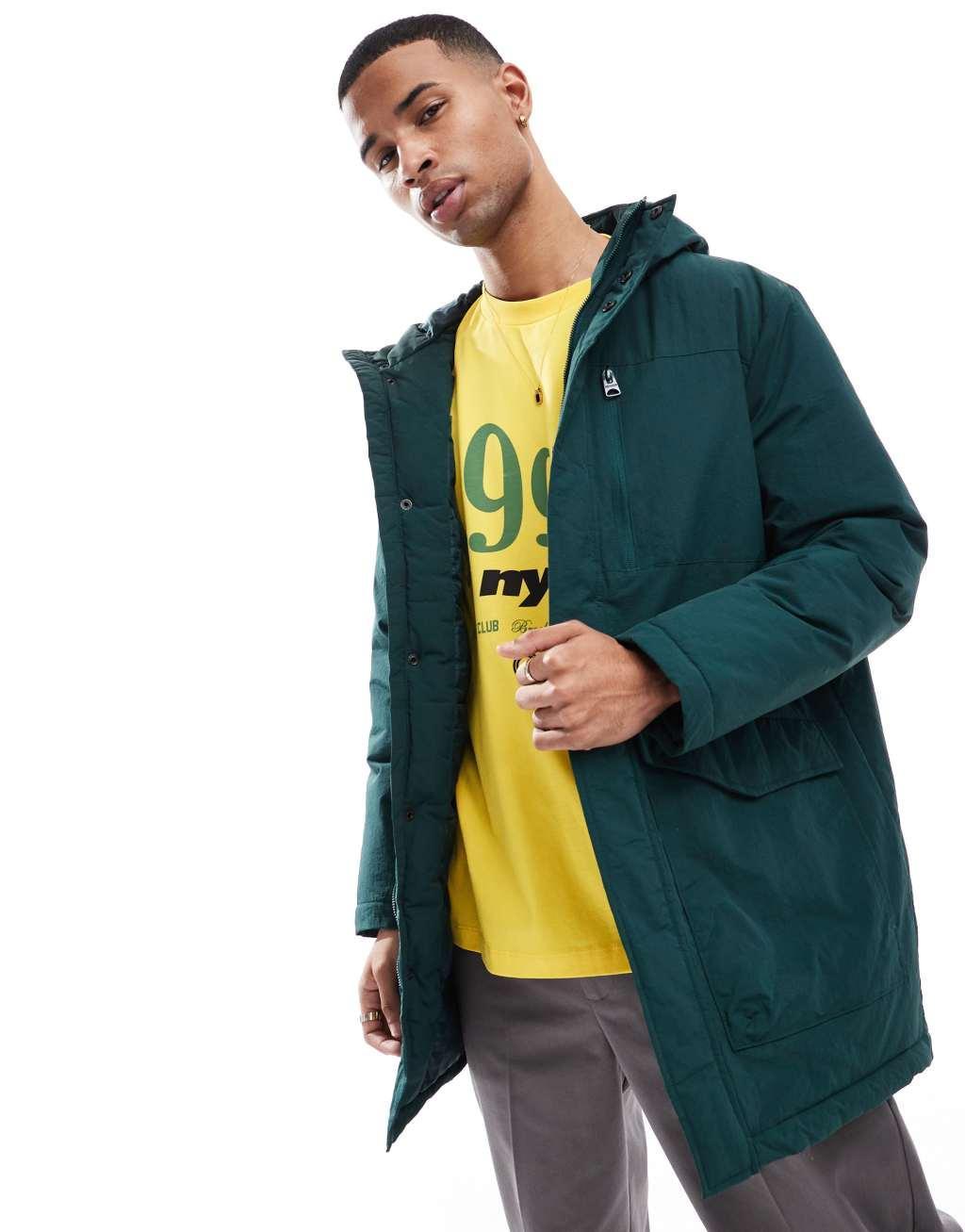 ONLY & SONS water repellent hooded parka in dark green Product Image