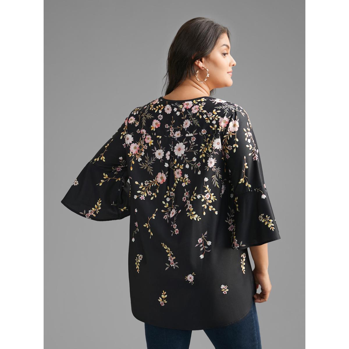 Plus Size BlackFlower Gradient Floral Ruffle Sleeves Blouse Women Elegant Elbow-length sleeve V-neck Everyday Blouses BloomChic 22-24/3X Product Image