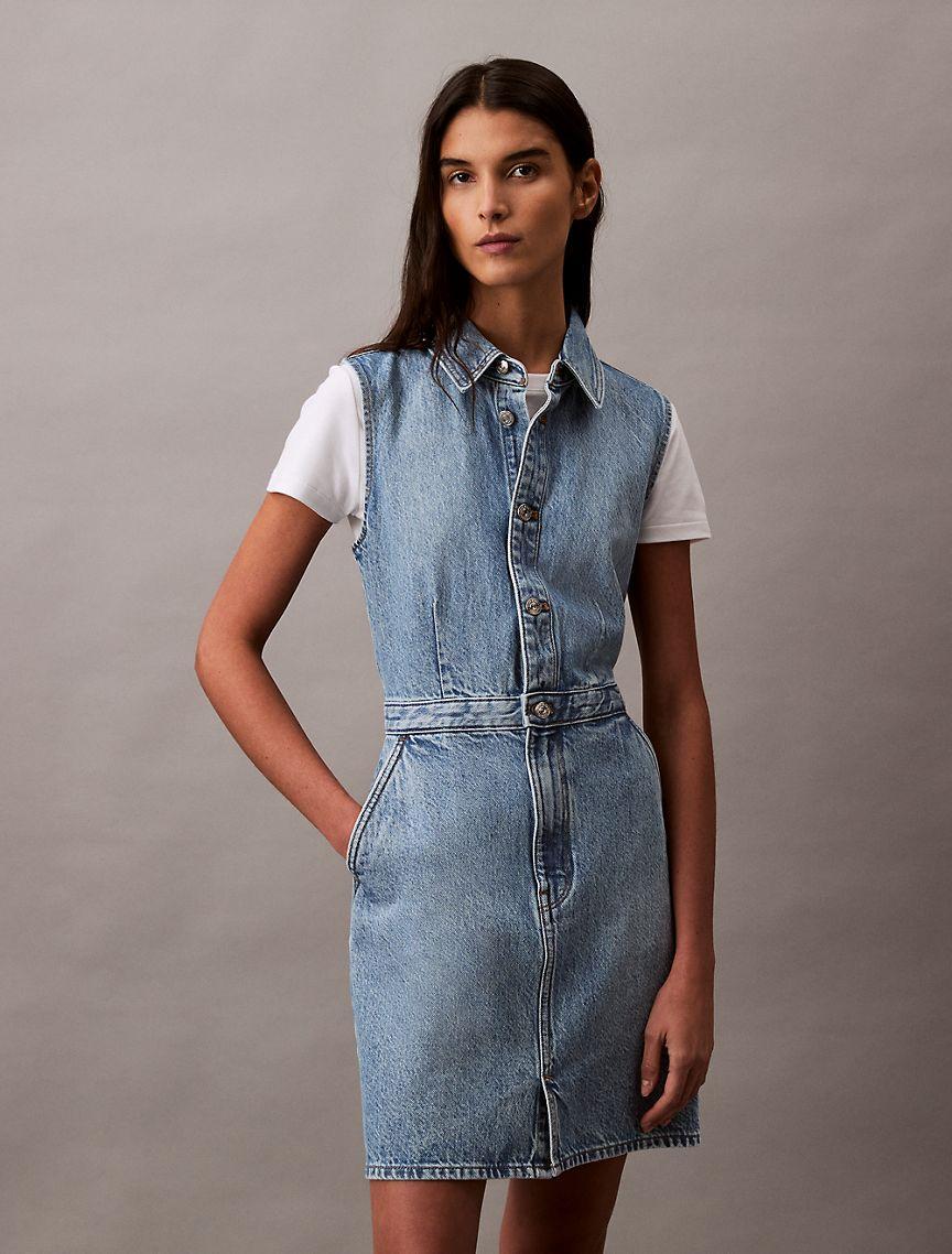 Calvin Klein Women's Sleeveless Denim Button-Down Dress - Blue - XS Product Image