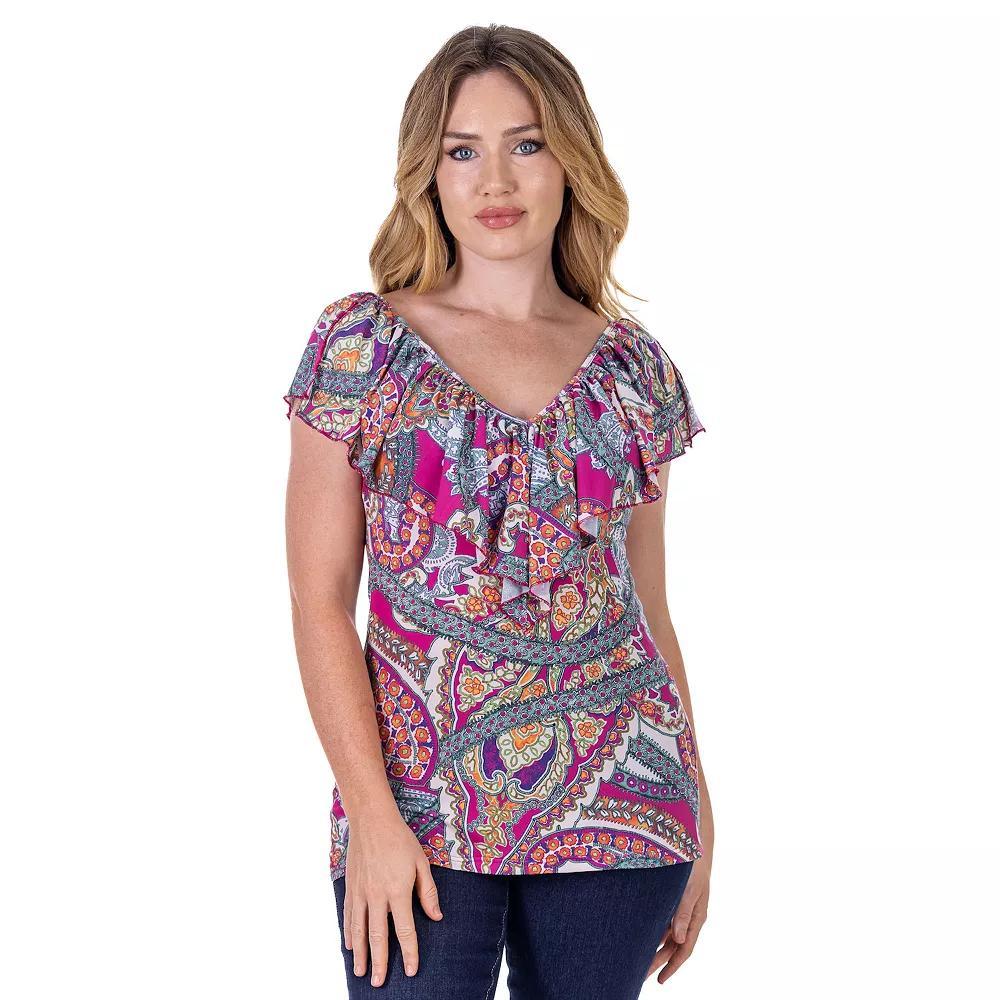 Women's 24Seven Comfort Apparel Paisley Print Ruffle V Neck Top, Size: Large, Pink Team Product Image