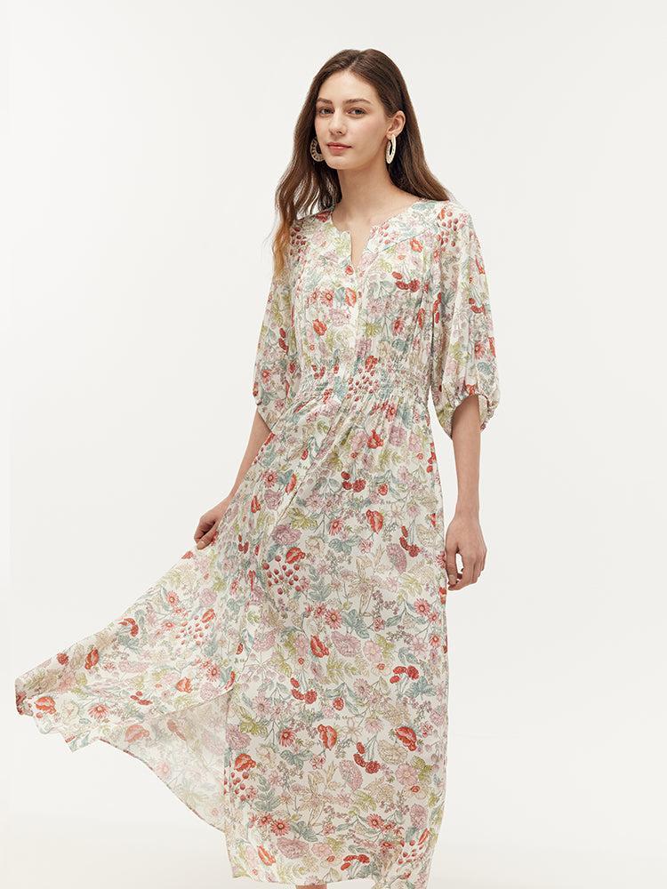 19 Momme Mulberry Silk Floral Print Ruched Waist Women Maxi Dress Product Image