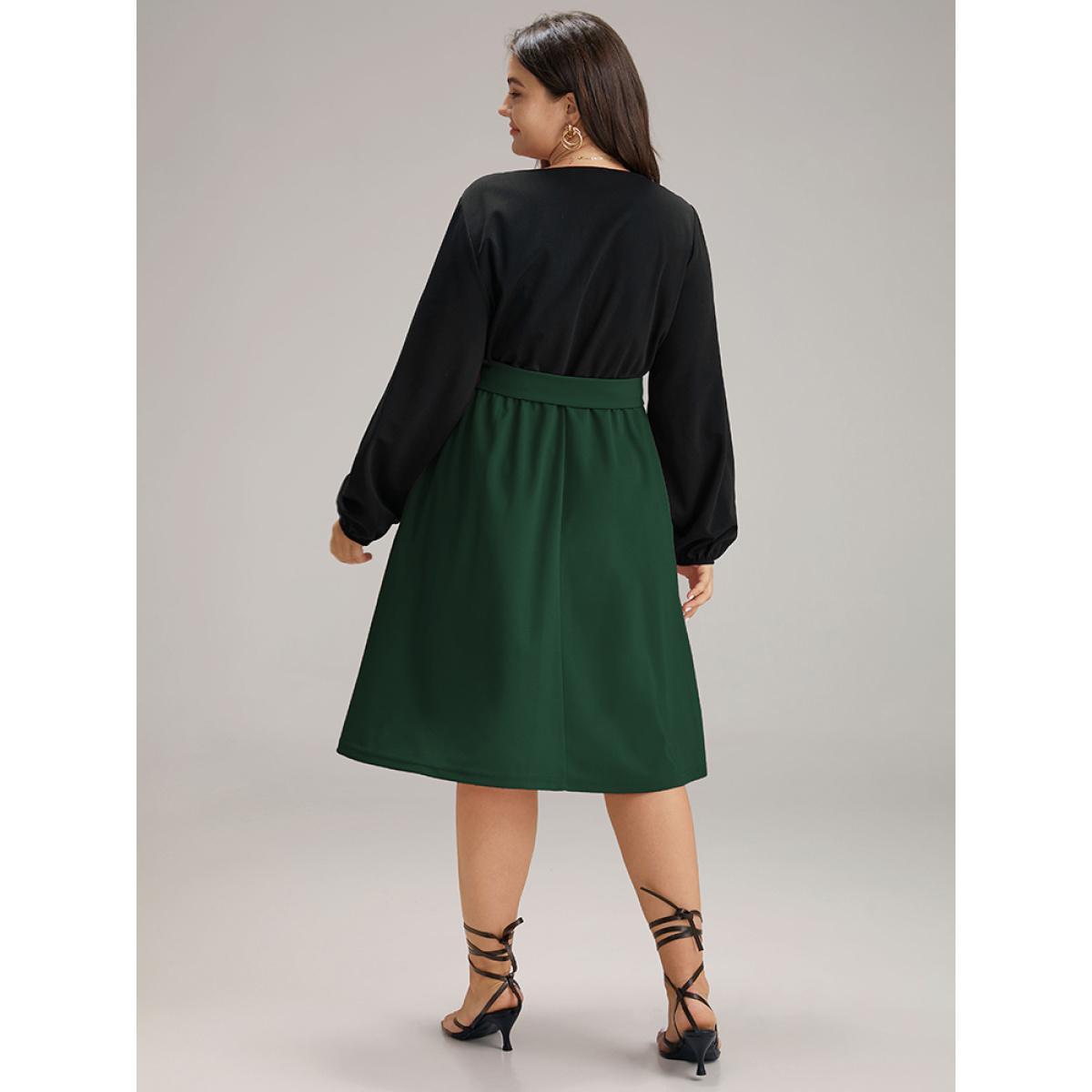Plus Size Contrast Patchwork Button Detail Belted Dress DarkGreen Women At the Office Elastic cuffs Notched collar Long Sleeve Curvy Midi Dress BloomChic 30/6X Product Image