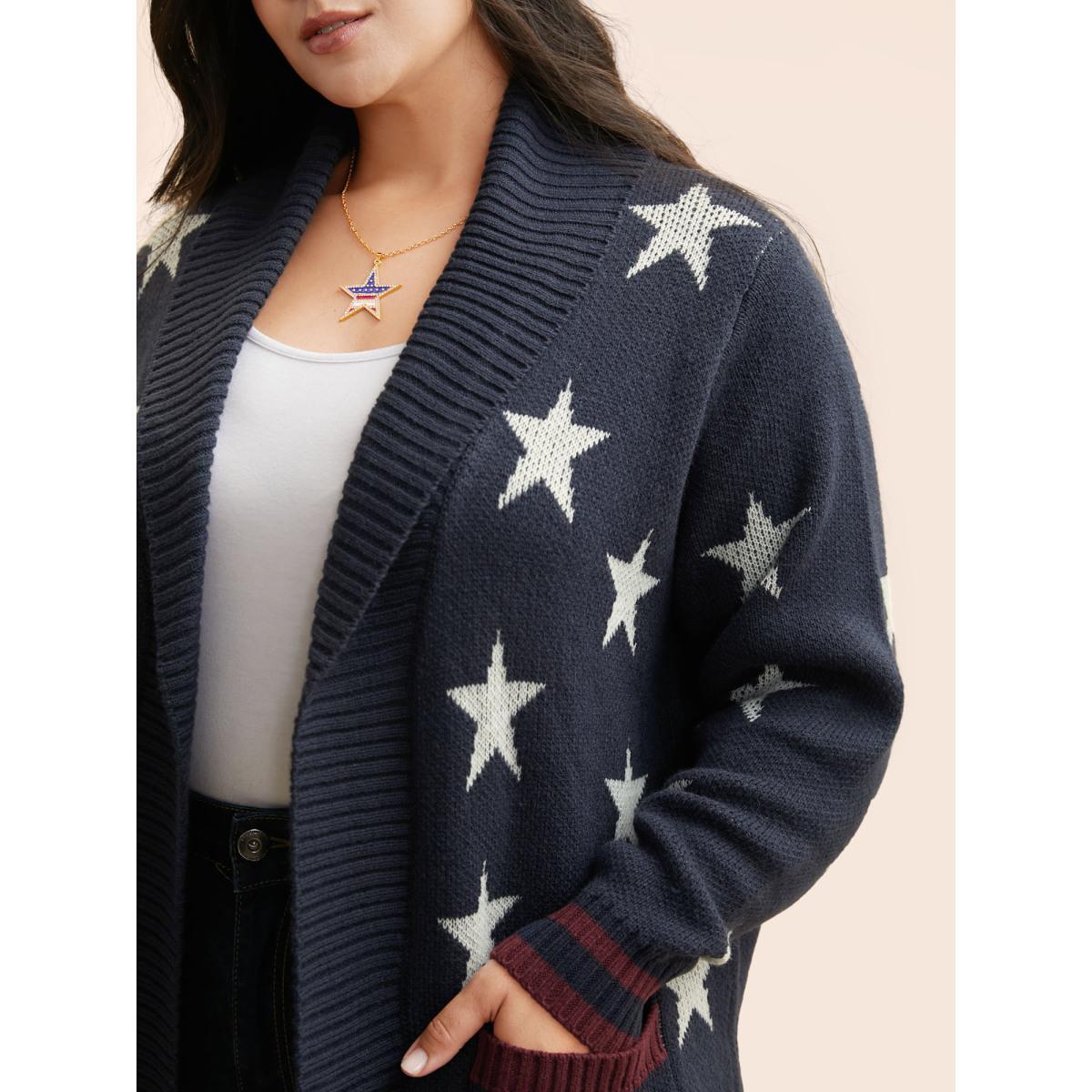 Plus Size Star Contrast Patched Pocket Cardigan Indigo Women Casual Loose Long Sleeve Everyday Cardigans BloomChic 30/6X Product Image