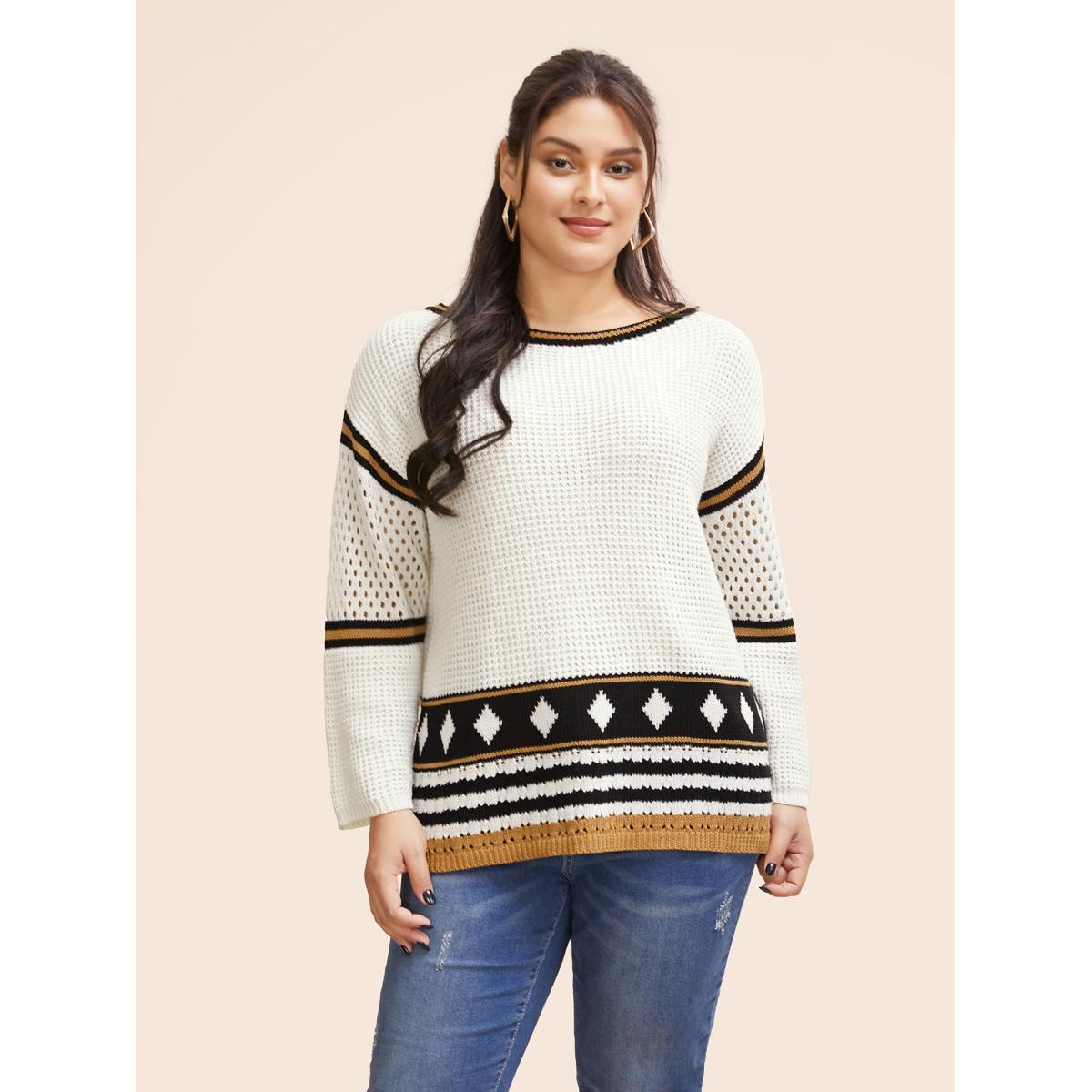 Plus Size Cotton Geometric Striped Drop Shoulder Sleeve Pullover Ivory Women Resort Loose Long Sleeve Round Neck Vacation Pullovers BloomChic 18-20/2X Product Image