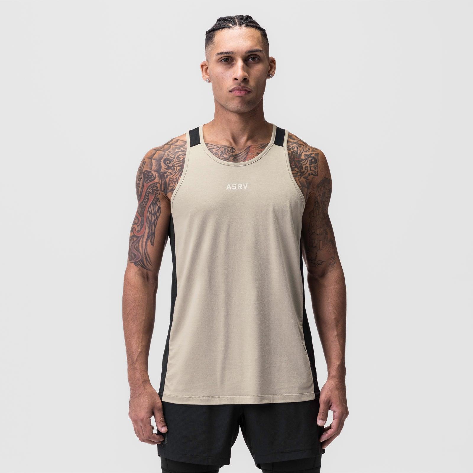 0809. Supima® Mesh Panel Training Singlet  - Sand Smoke Product Image