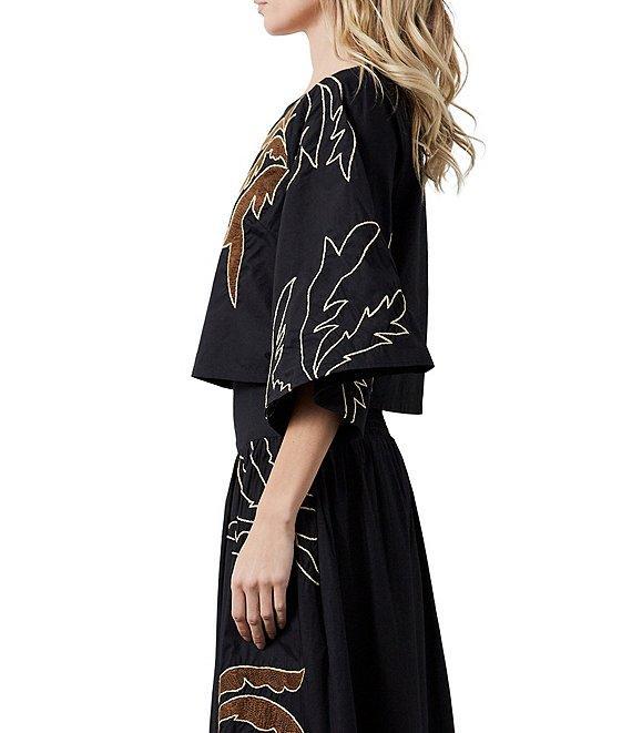 CIEBON Tyler Palm Tree Embroidered Crew Neck 3/4 Wide Flare Sleeve Coordinating Crop Top Product Image