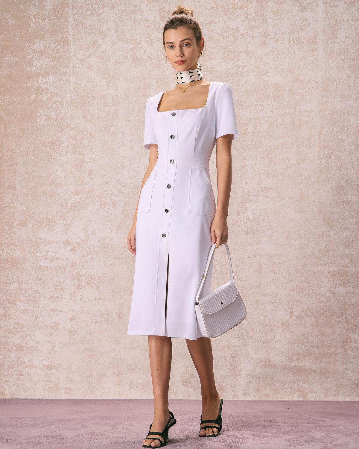 The White Square Neck Buttoned Midi Dress Product Image
