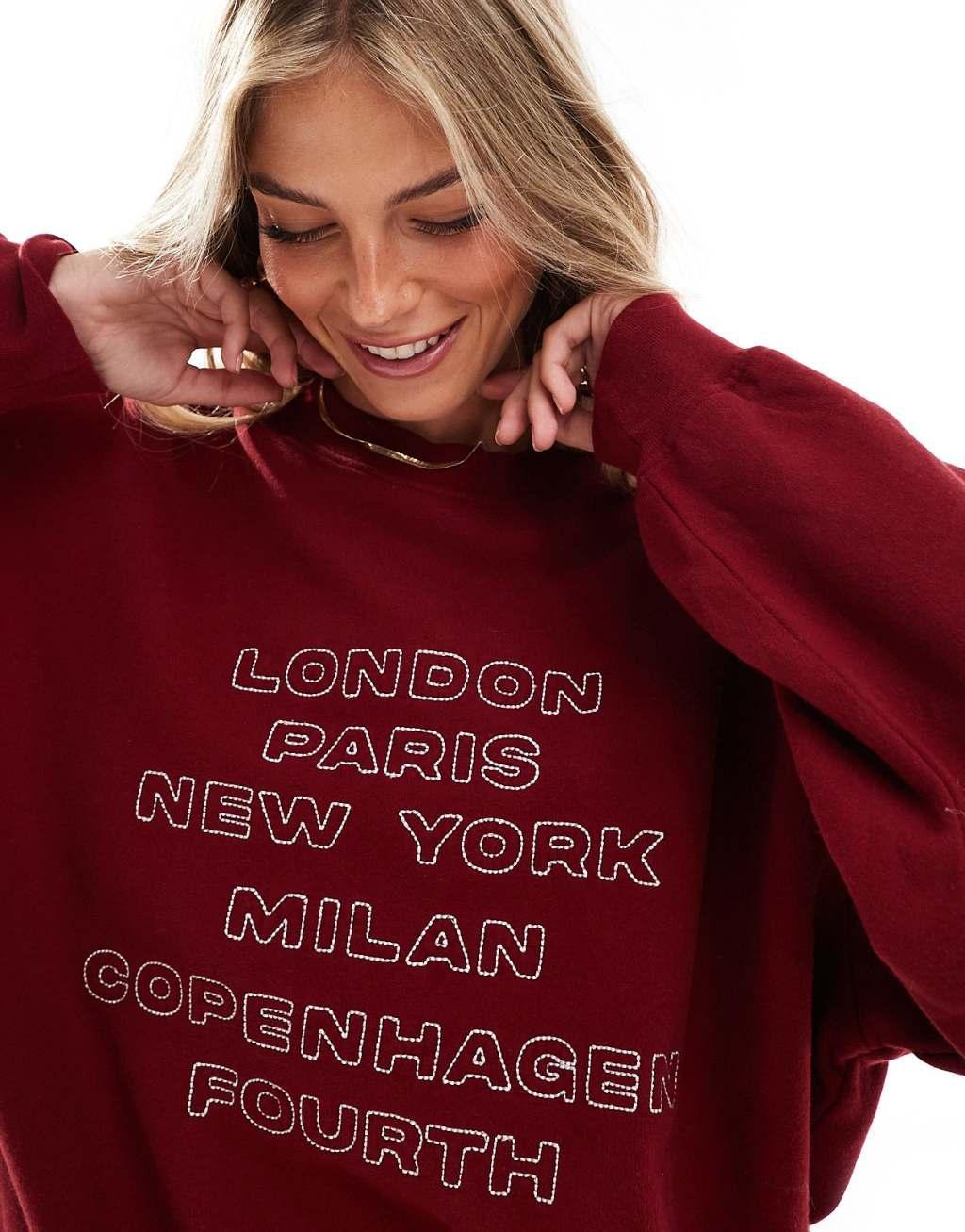 4th & Reckless fashion week cities motif sweatshirt in burgundy Product Image