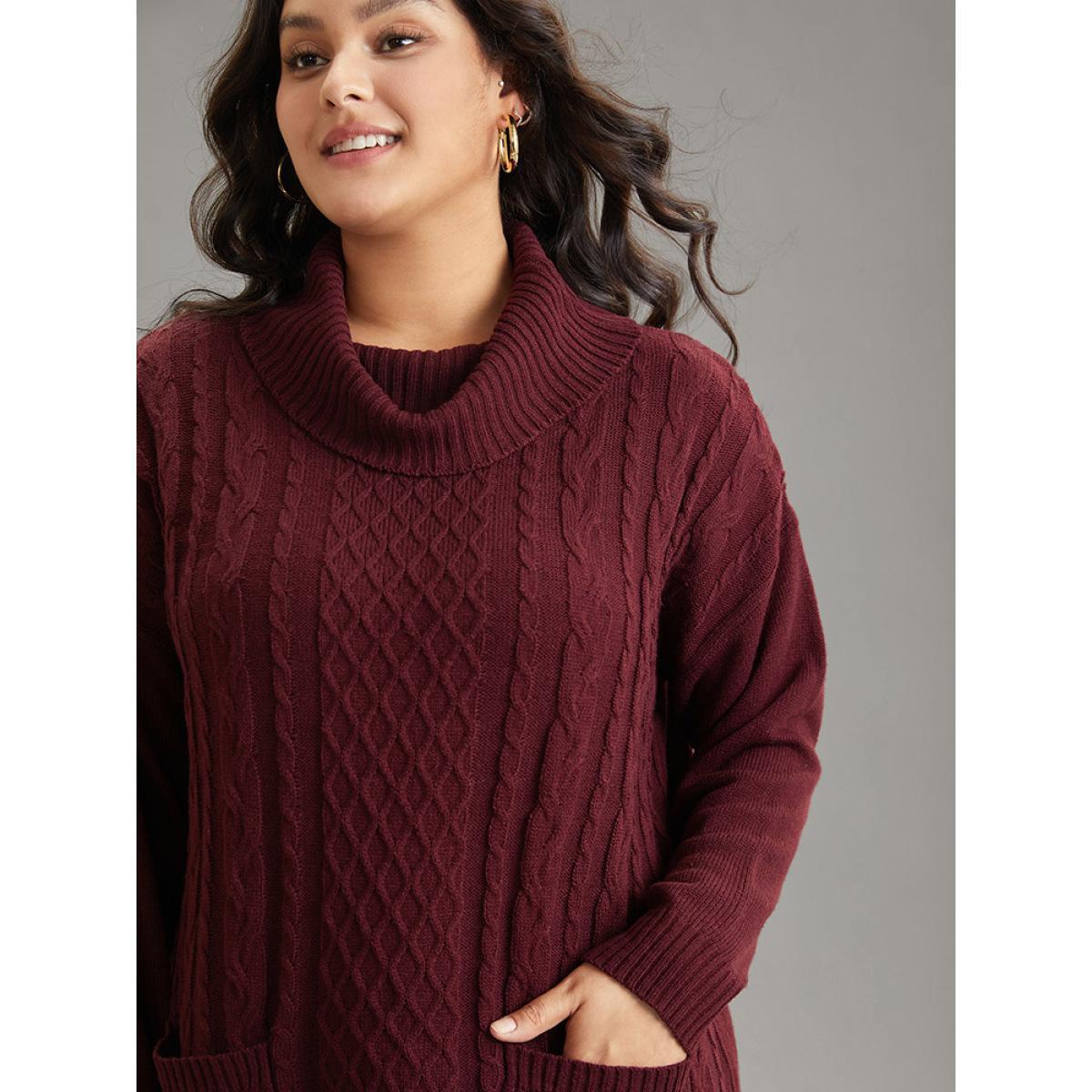 Plus Size Cable Knit Patched Pocket Turtle Neck Pullover Burgundy Women Casual Loose Long Sleeve Turtleneck Dailywear Pullovers BloomChic 14-16/1X Product Image