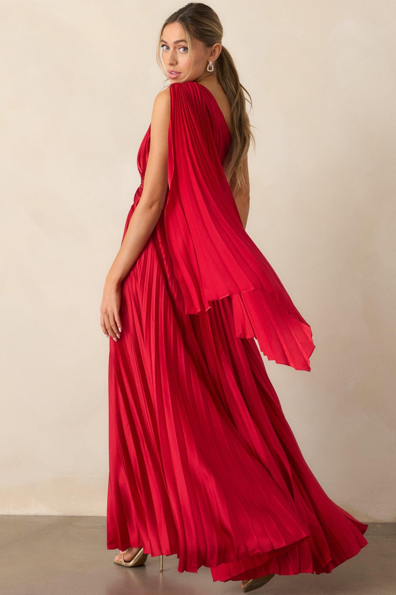 The One I Adore Red One Shoulder Pleated Maxi Dress Product Image