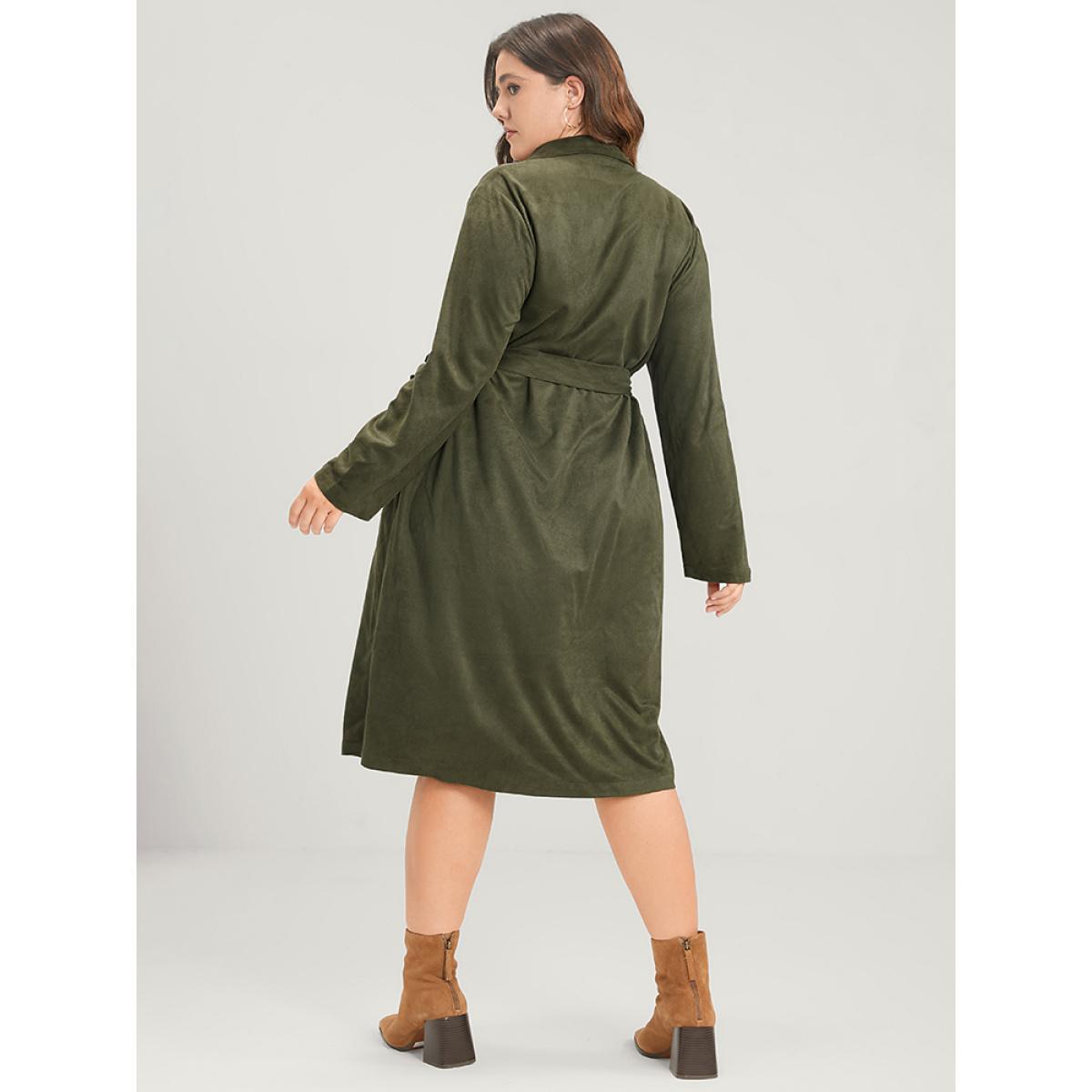 Plus Size Solid Cuffed Sleeve Pocket Button Down Belted Coat Women ArmyGreen Casual Belted Ladies Dailywear Winter Coats BloomChic 12/L Product Image