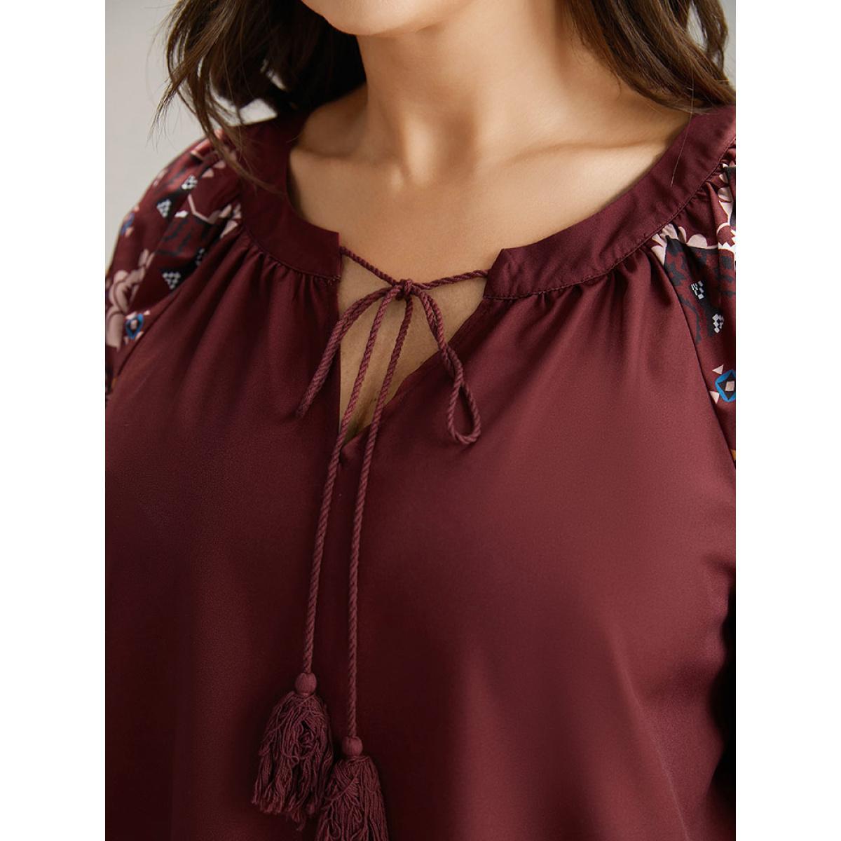 Plus Size Scarlet Boho Print Tie Neck Tassel Trim Blouse Women Vacation Long Sleeve Tie Neck Dailywear Blouses BloomChic 10/M Product Image