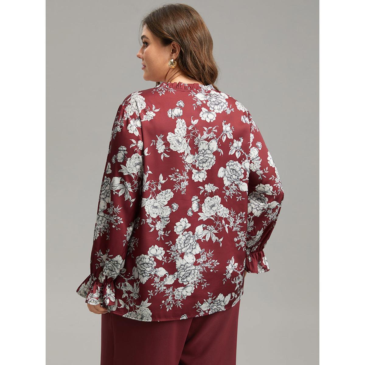 Plus Size Scarlet Silhouette Floral Print Frill Trim Button Detail Blouse Women Elegant Long Sleeve Round Neck Dailywear Blouses BloomChic 18-20/2X Product Image