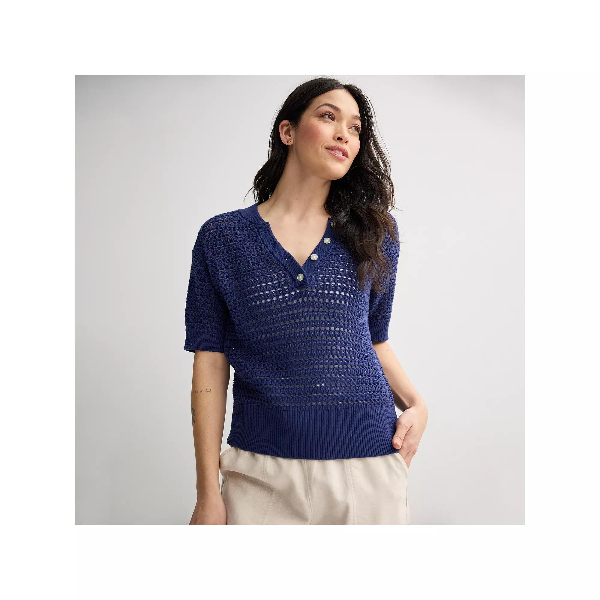 Women's Sonoma Goods For Life® Short Sleeve Henley Sweater, Size: Medium, Blue Beauty Product Image