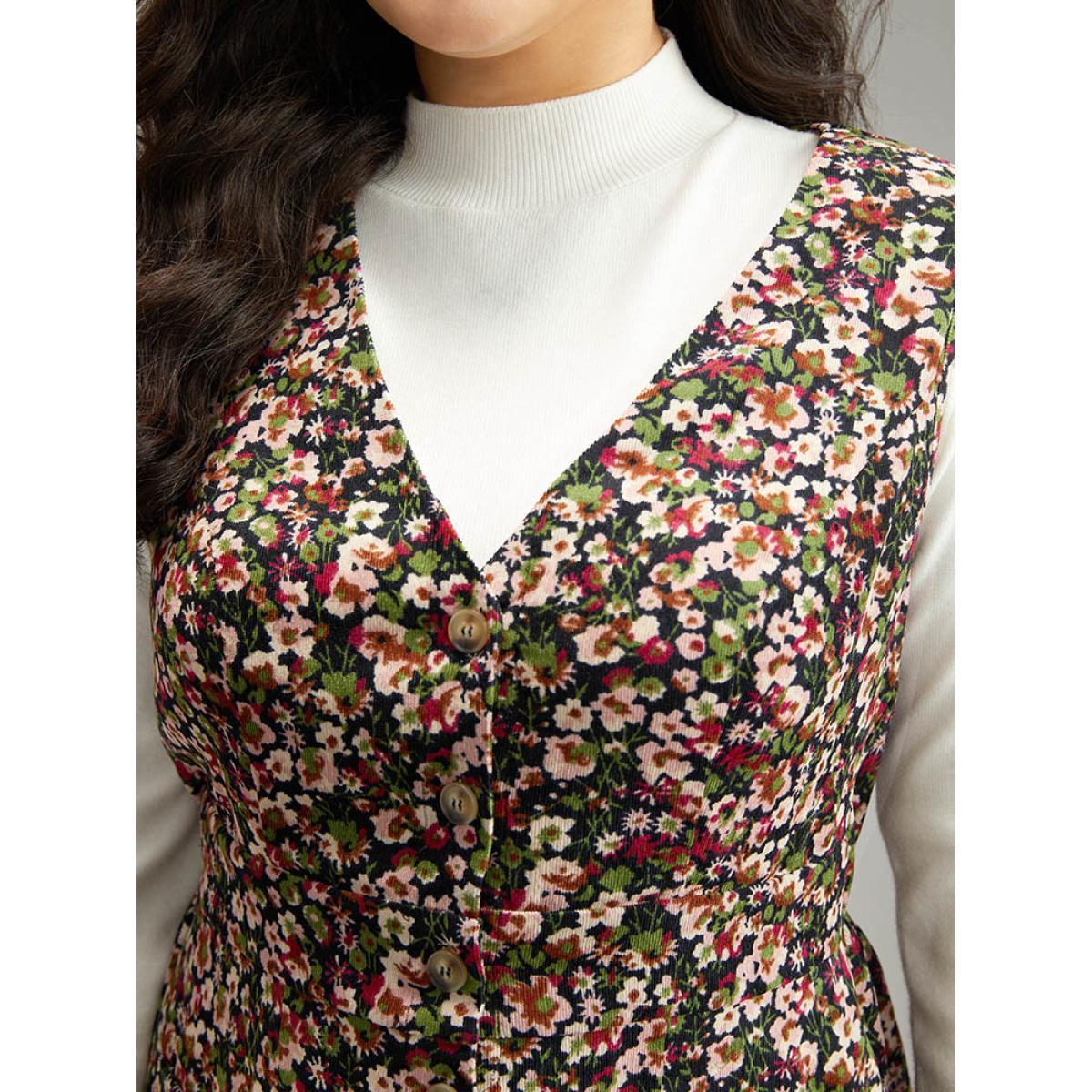 Plus Size Ditsy Floral Pocket Button Detail Tank Dress Indigo Women Elegant Printed V-neck Sleeveless Curvy Knee Dress BloomChic 28/5X Product Image