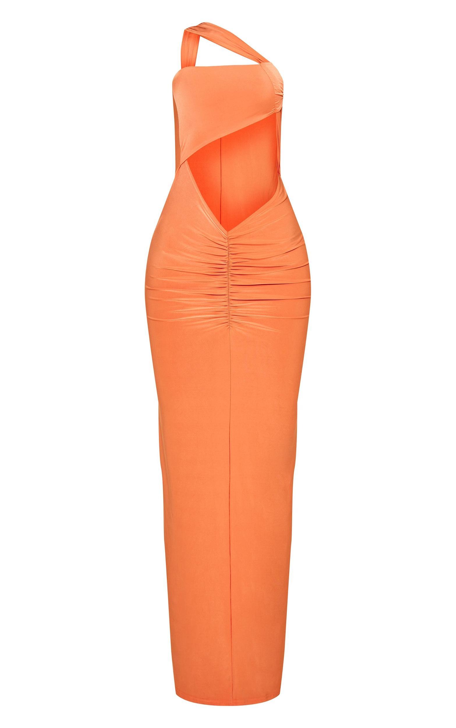 Bright Orange Slinky Asymmetric Extreme Cut Out Maxi Dress Product Image