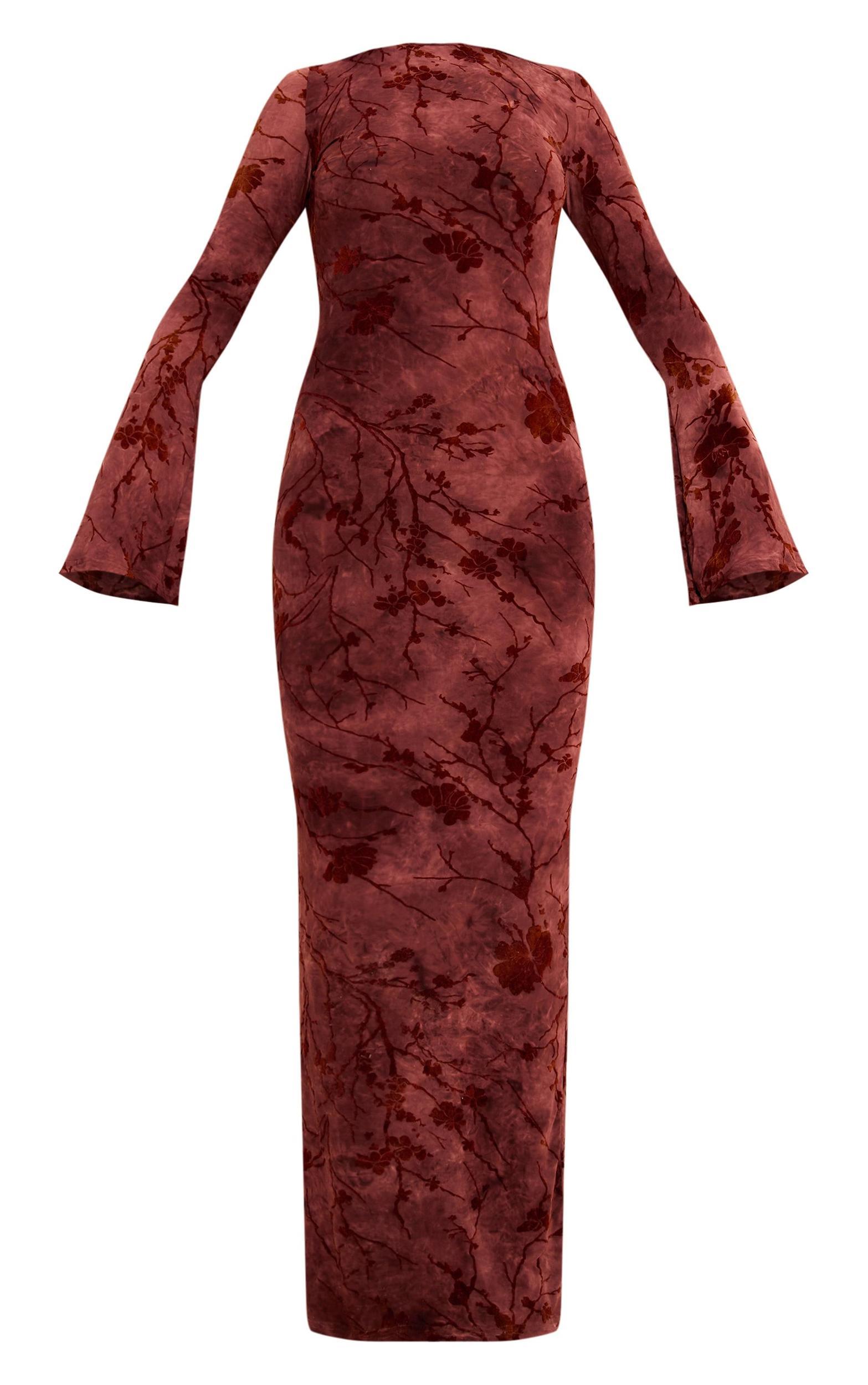 Burgundy Floral Devore Long Sleeve Maxi Dress Product Image