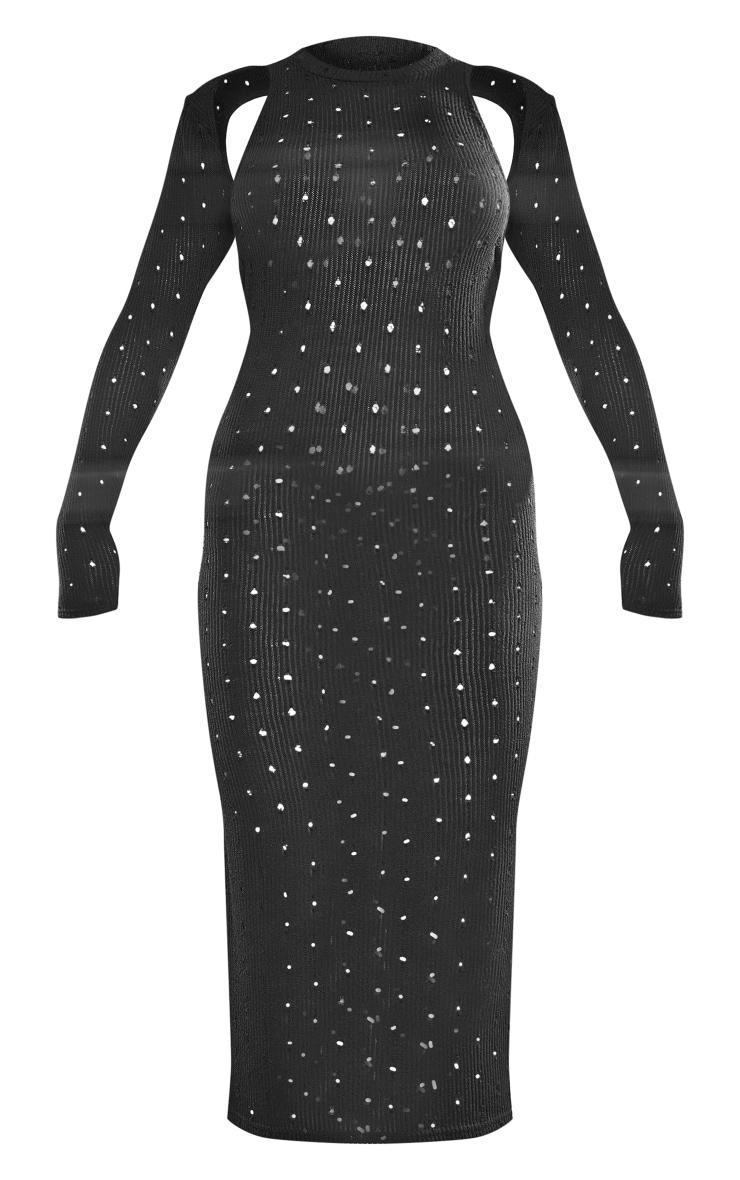 Black Ribbed Long Sleeve Cut Out Midi Dress Product Image