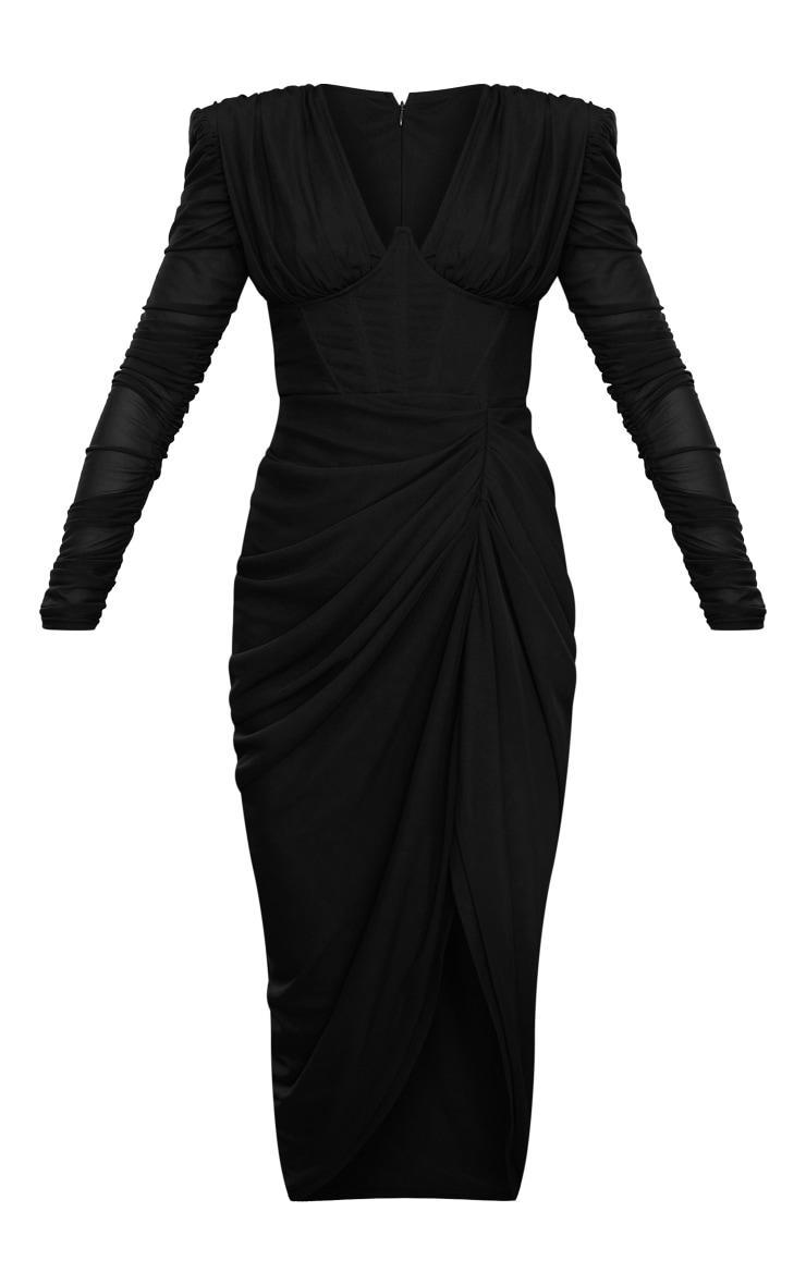 Black Sheer Rib Long Sleeve Midaxi Dress Product Image