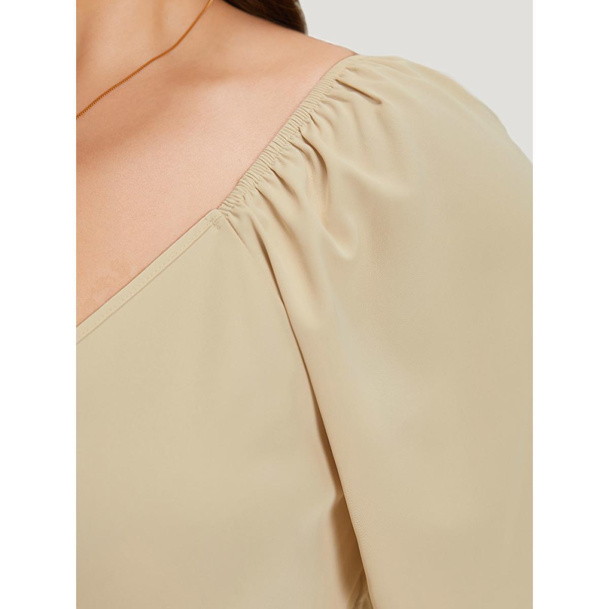 Plus Size Plain Ruffle Trim Pocket Elastic Waist Wrap Hem Dress Beige Women Elegant Pleated Deep V-neck Half Sleeve Curvy Knee Dress BloomChic 12/L Product Image