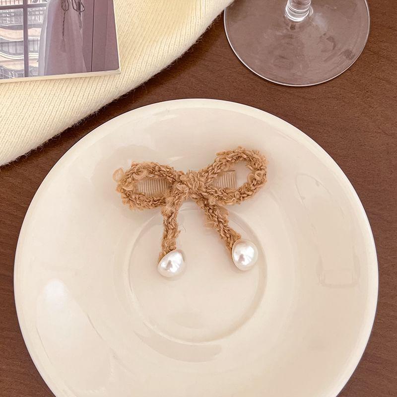 Furry Bow Faux Pearl Hair Clip Product Image