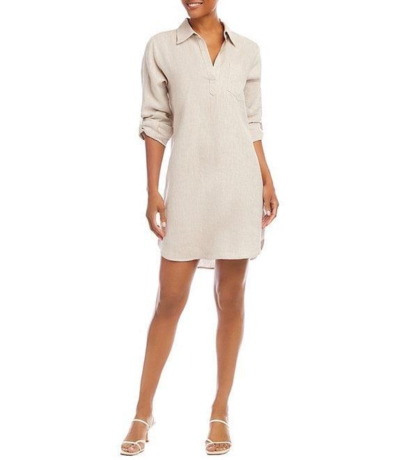 Karen Kane Collared V-Neck 3/4 Roll-Tab Sleeve Linen Shirtdress Product Image