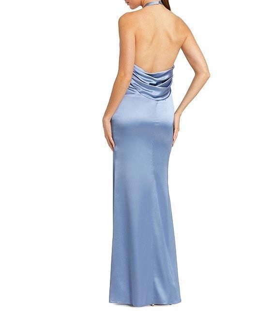 Mac Duggal Fitted Satin Halter V-Neck Sleeveless 3D Flower Open Back Sheath Dress Product Image
