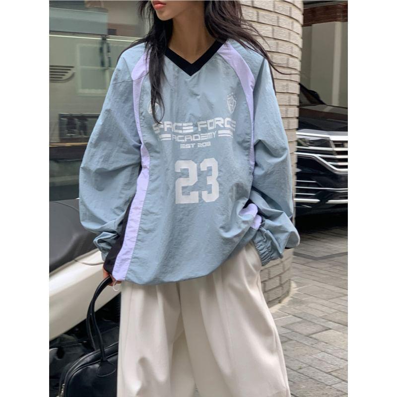 Long Sleeve V-Neck Lettering Print Color-Block Loose-Fit Pullover Product Image