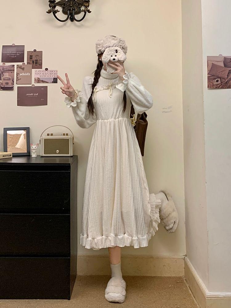 Long-Sleeve Mock Neck Bow Ruffle Trim Knit Panel Midi A-Line Dress Product Image