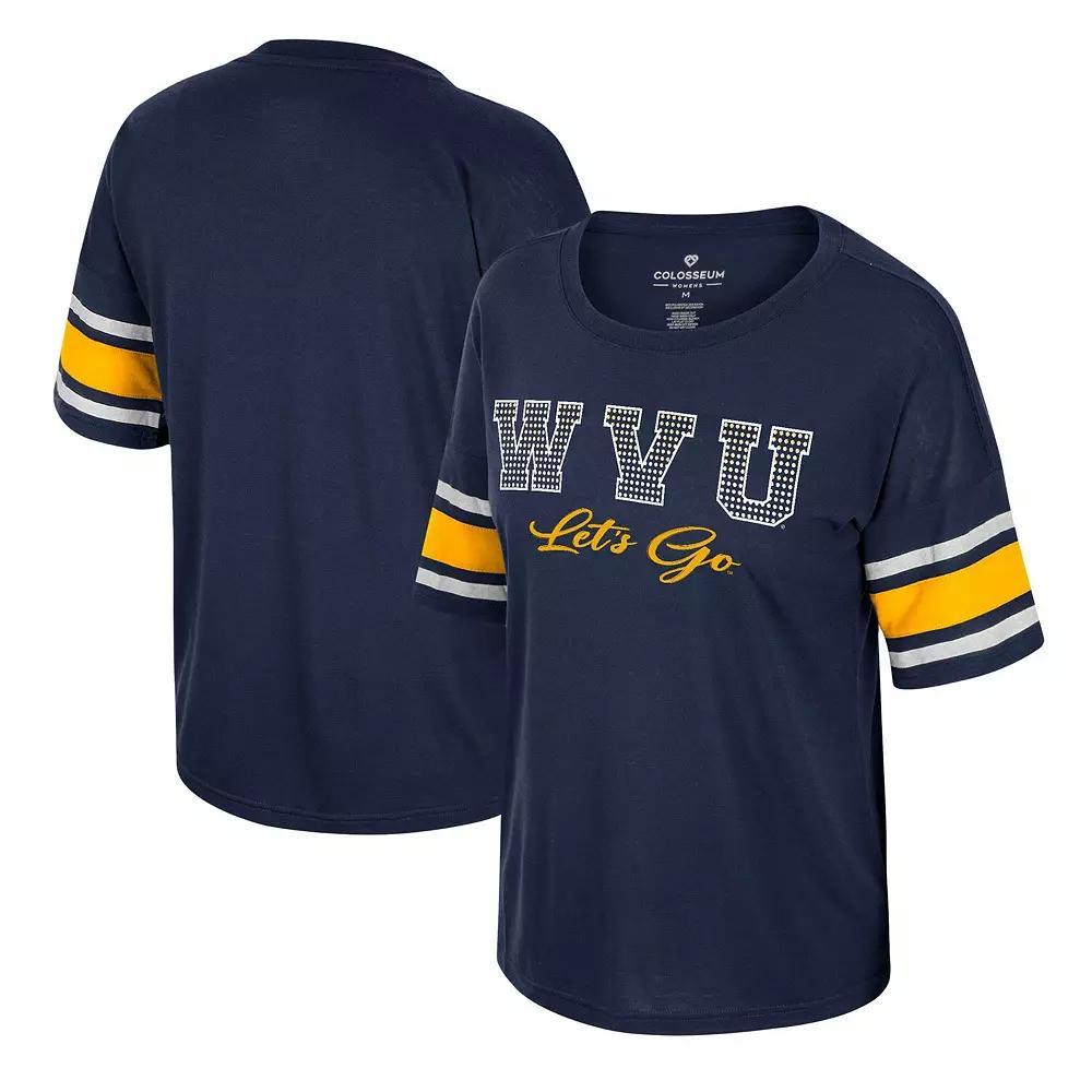 Womens Colosseum West Virginia Mountaineers Im Gliding Here Rhinestone T-Shirt Blue Product Image