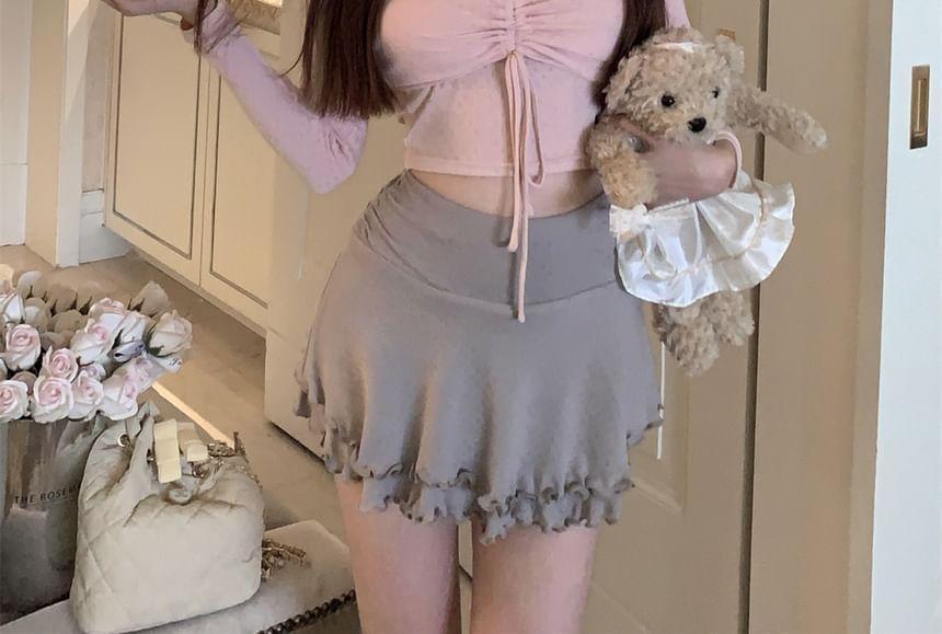 Long-Sleeve Plain Drawstring Lace Trim Cropped T-Shirt / High Waist Lettuce Edge Mini A-Line Skirt / Cropped Halter Top Product Image