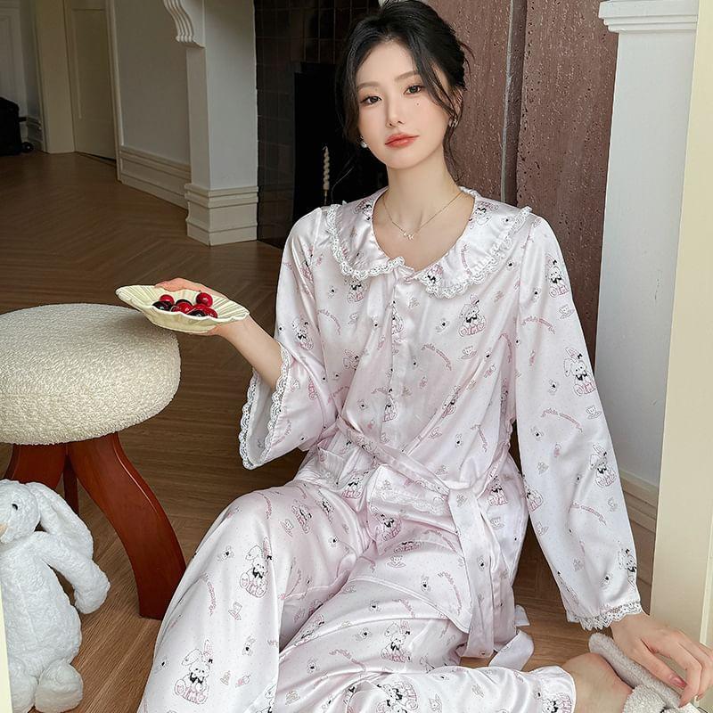 Pajamas Set: Long Sleeve Collared Cartoon Print Lace Trim Blouse + Straight Leg Pants Product Image