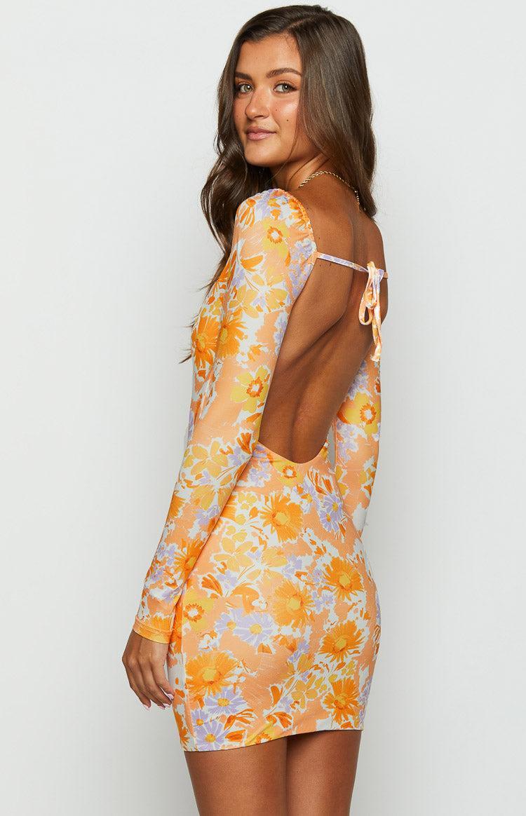 Ashi Orange Floral Long Sleeve Mini Dress Product Image