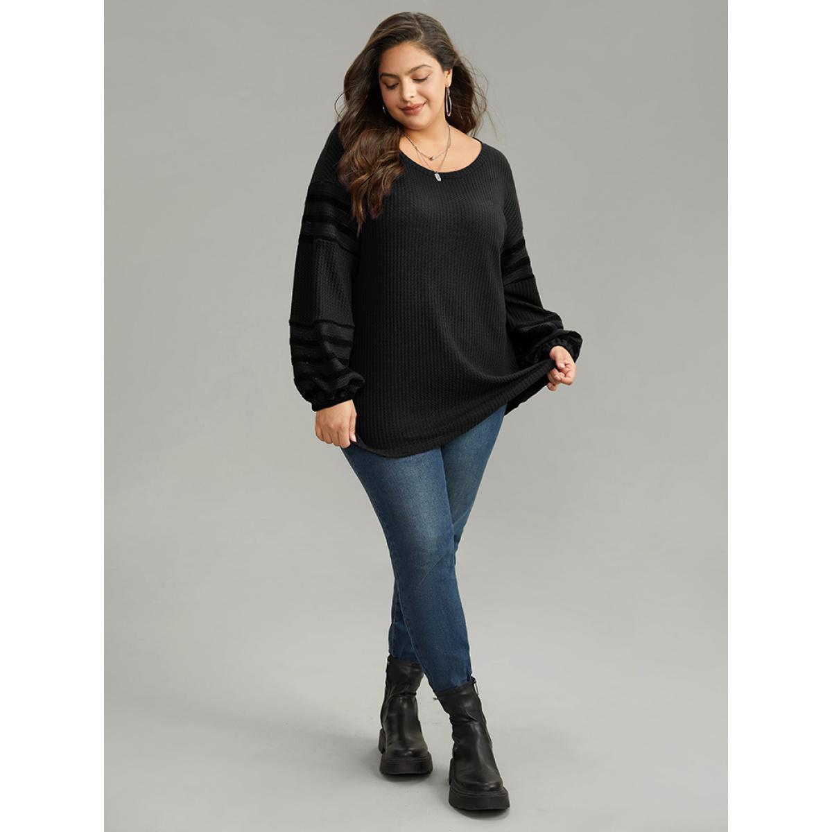 Plus Size Plain Texture Patchwork Hollow Out T-shirt Black Women Casual Elastic cuffs Plain Round Neck Dailywear T-shirts BloomChic 14-16/1X Product Image