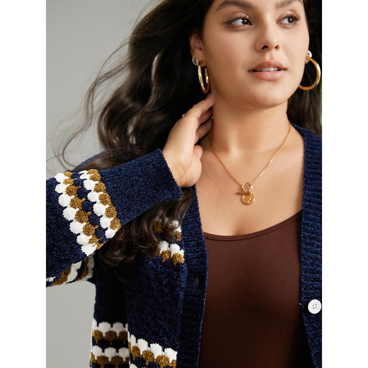 Plus Size Chenille Geo Button Through Cardigan Multicolor Women Casual Loose Long Sleeve Dailywear Cardigans BloomChic 12/L Product Image