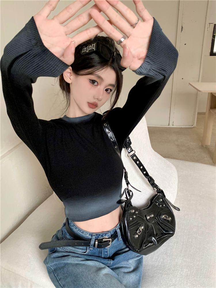 Long-Sleeve Crew Neck Gradient Crop Slim Fit Tee Product Image