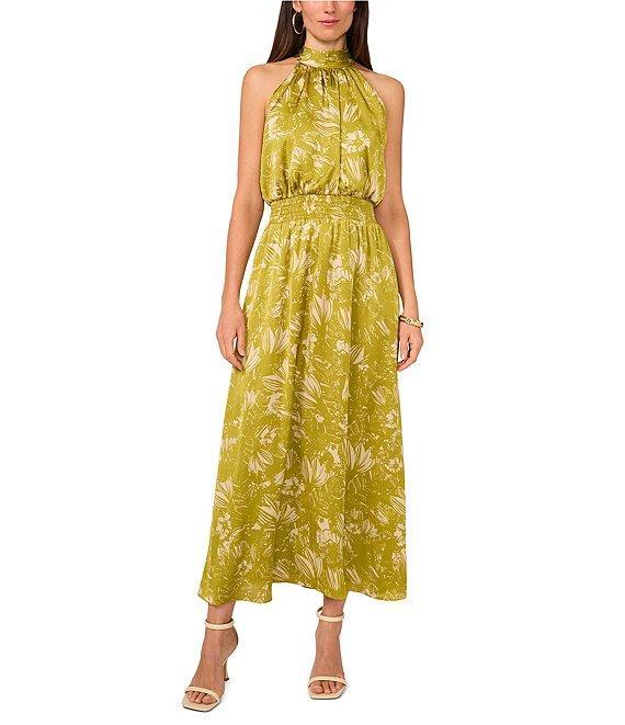 Vince Camuto Woven Floral Print Halter Sleeveless Smocked Waist Blouson Maxi Dress Product Image