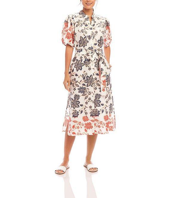 Karen Kane Floral Printed Mandarin Collar Puff Sleeve Belted Button-Front Midi Shirtdress Product Image