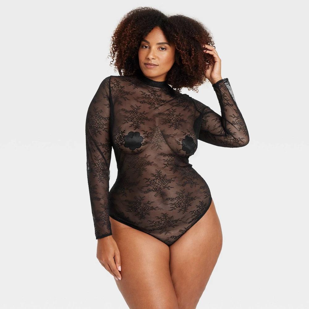 Womens Allover Lace Lingerie Bodysuit - Auden Black 1X: Sheer Keyhole Design, Cotton Gusset Product Image