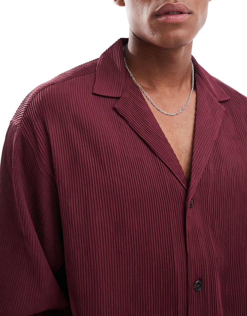 ASOS DESIGN boxy plisse shirt in burgundy Product Image
