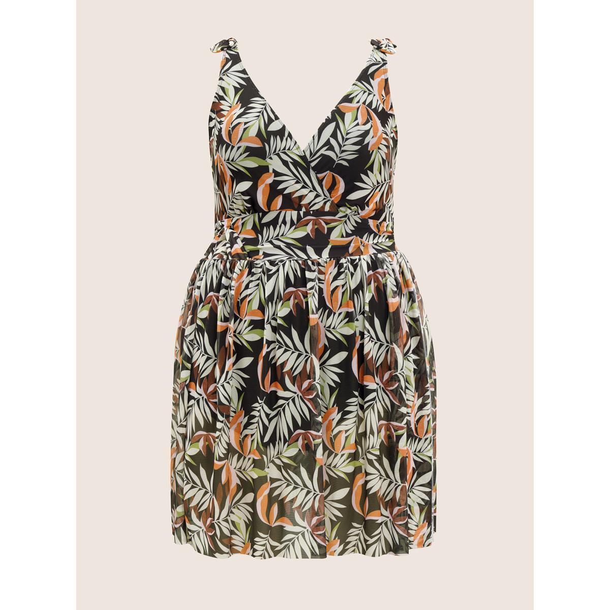 Plus Size Tropical Print Gathered Split Hem Swim Dress Women's Swimwear Black Beach Bodycon V-neck High stretch Curve Swim Dresses BloomChic 26/4X Product Image
