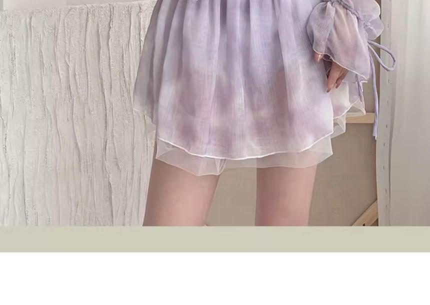 Long Sleeve Cold Shoulder Patterned Print Ruffle Swimdress Product Image